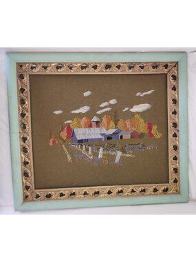 Vintage Framed Needlepoint Yarn Textile Cottage Landscape Wall Art Handmade